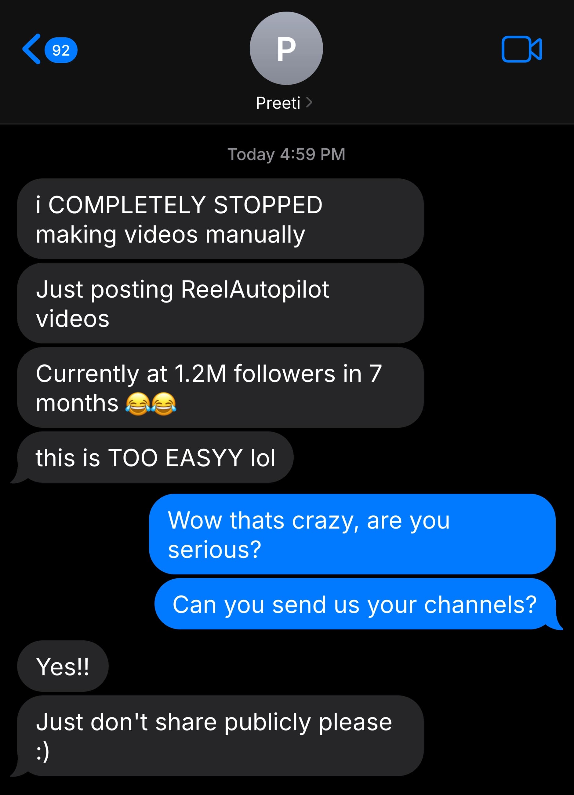 Text exchange about subscriber growth